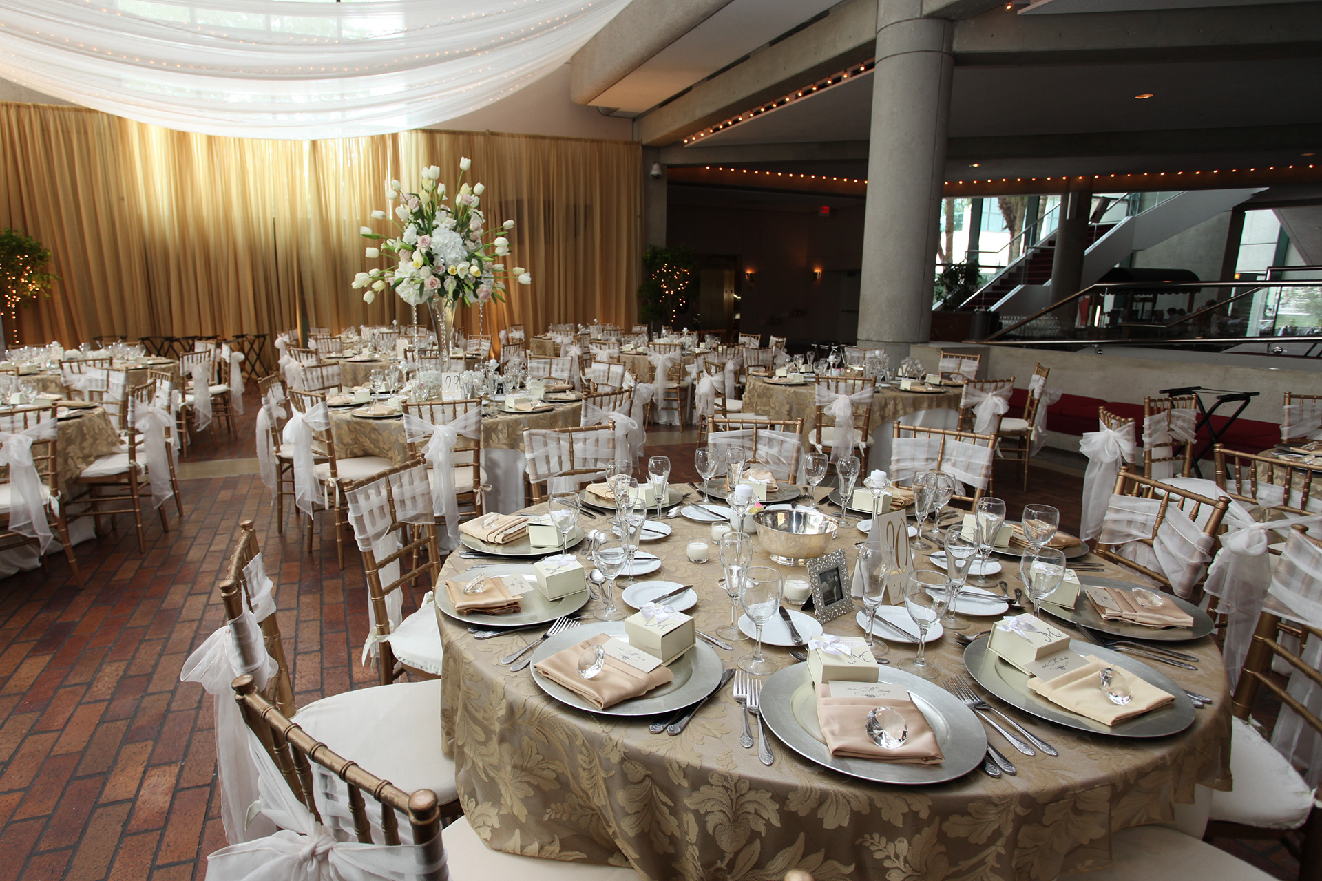 Morsani Lobby filled with banquet tables decorated for a special event