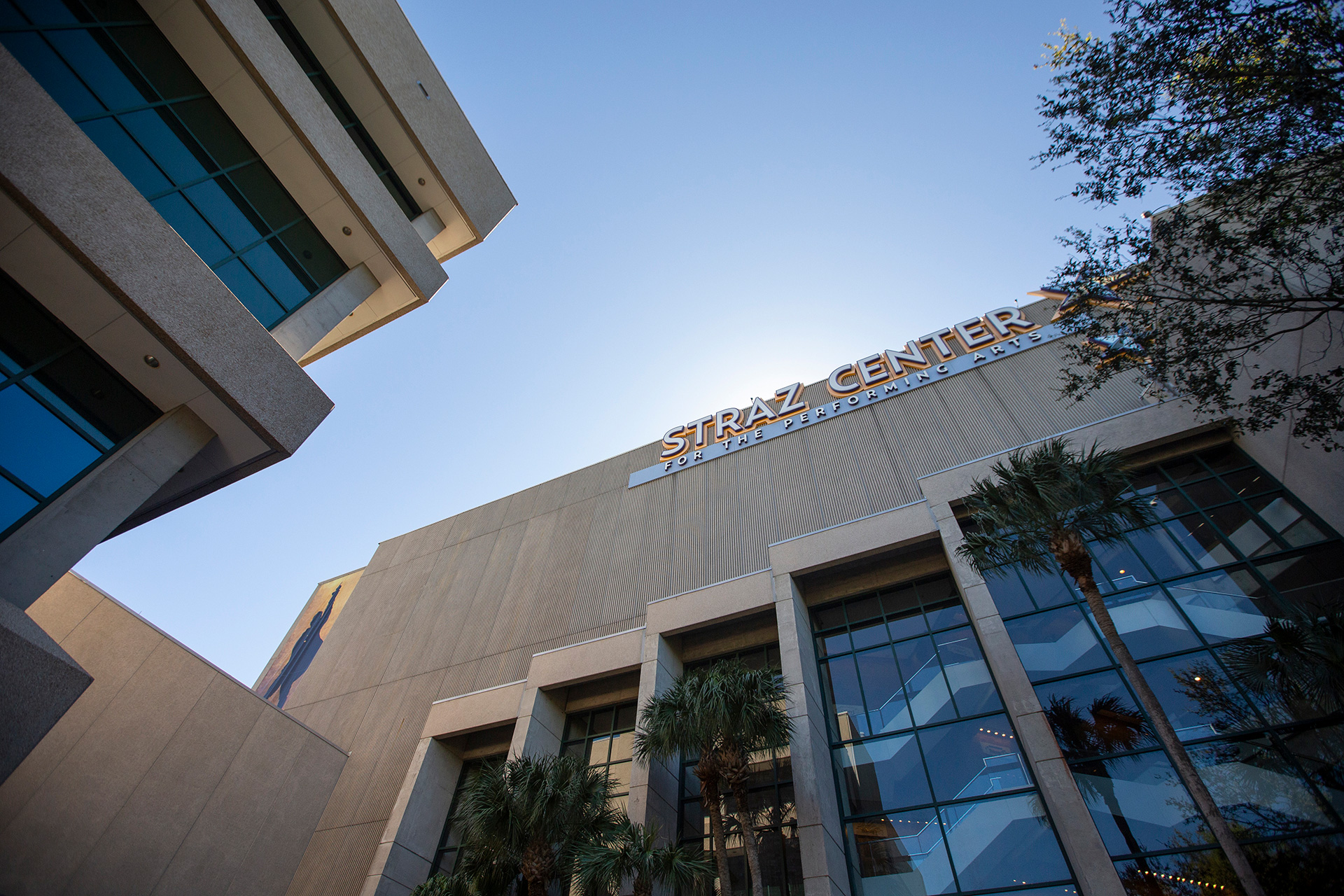 View of the Straz Center building outside Morsani lobby.