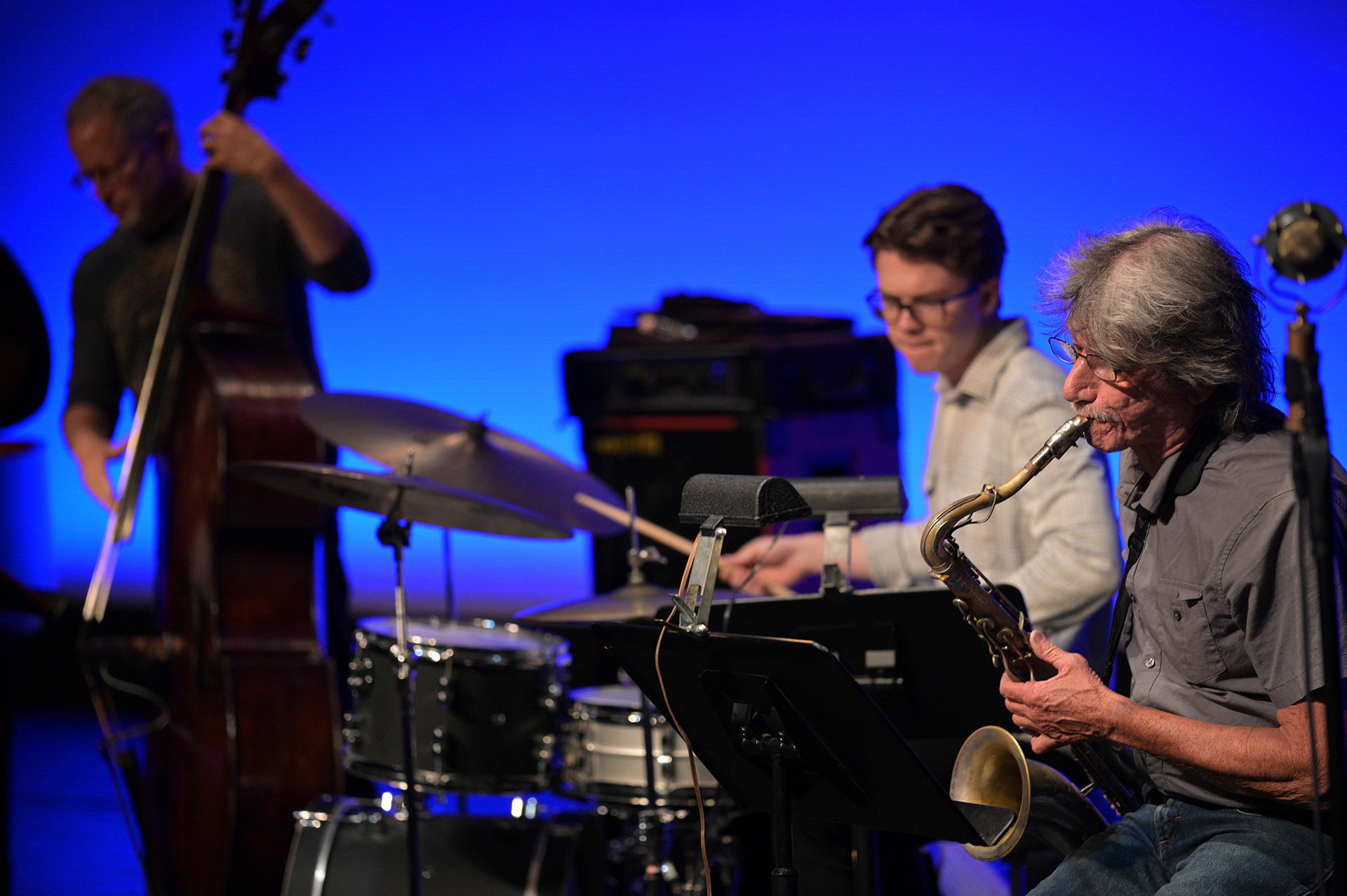 Band performing a jazz piece on stage.