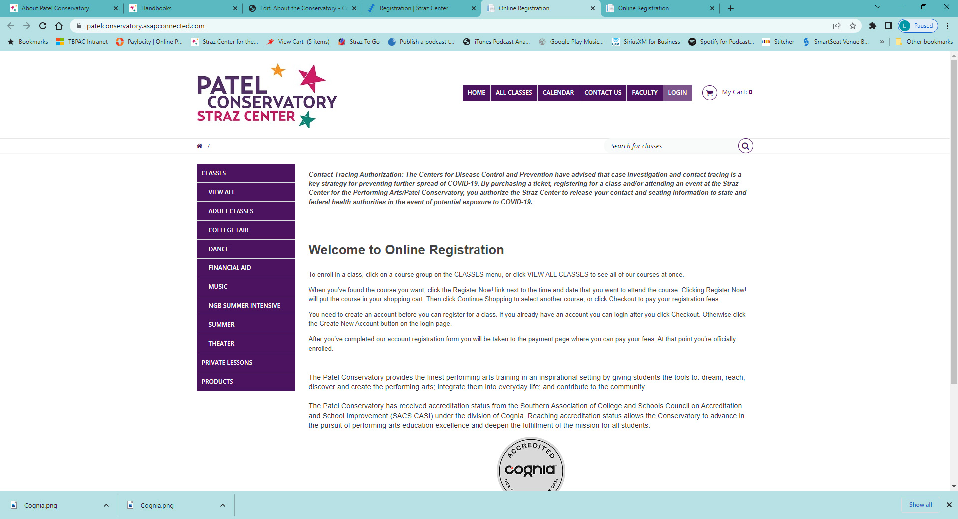 Screenshot of a registration page for the Patel Conservatory.