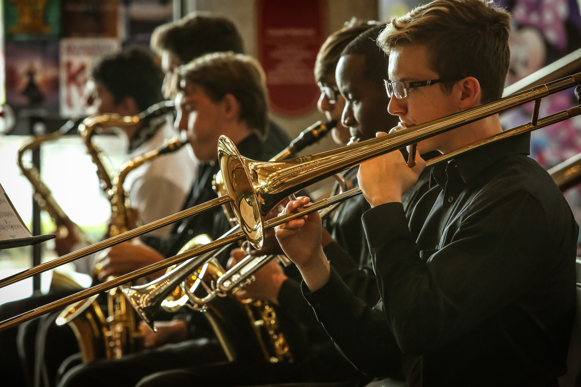 Patel students playing musical instruments.