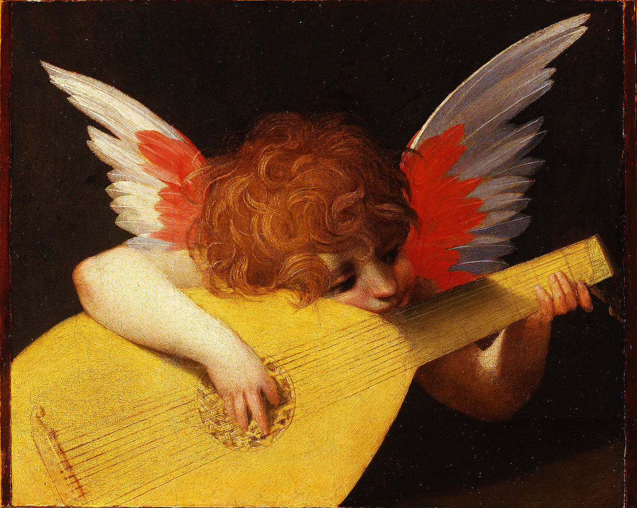 Artwork of a cherub angel strumming a sitar against a black background.