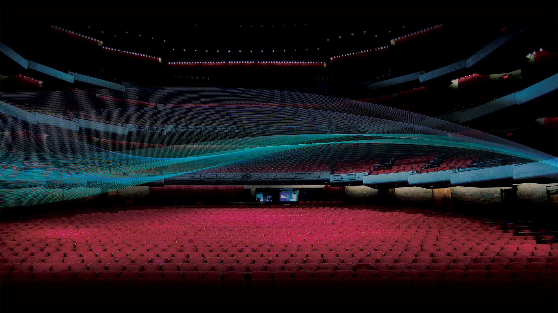 Morsani Hall seats with blue waves in the air above the seats.